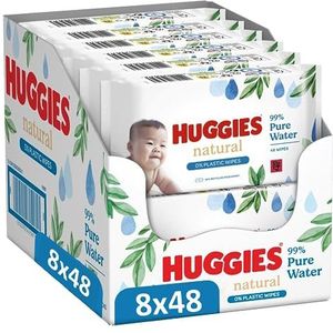 Huggies® Natural 0% Plastic billendoekjes, 384 babydoekjes (8x48 doekjes), gemaakt met natuurlijke vezels, verzorgend voor gevoelige babyhuid - billendoekjes met 99% water