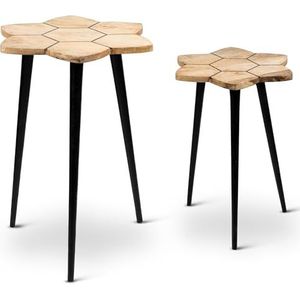 DRW Set van 2 tafels met een hoekvorm van hout en metaal in naturel en zwart, 40 x 40 x 55 cm en 35 x 35 x 50 cm
