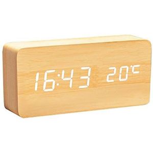 Lancoon Digitale klok van hout – multifunctionele led-wekker met tijd/datum/temperatuurweergave en spraakbesturing voor op reis thuis – AC11Yellow_White