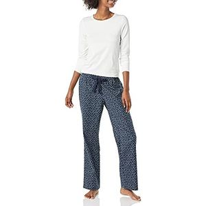 Amazon Essentials Lichtgewicht flanellen damesbroek en T-shirt met lange mouwen, slaapset (verkrijgbaar in grote maten), marineblauwe stippen, XXL