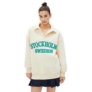 Koton Dames Lange Mouwen Geribbeld Geborduurd Oversized Polo Neck Sweatshirt, 050 (Beige), M