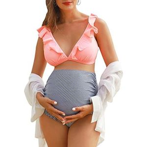 Summer Mae Maternity High Waist Swimsuit Two Piece Ruffle Bikini Bathing Suit Floral V-Neck Pregnancy Swimwear Pink White Stripe Large