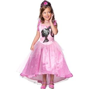 Rubies Barbie-kostuum, officiële barbiejurk, luxe, prinses, pailletten, voor kinderen, maat 3-4 jaar, kostuum met jurk, bustier en diadeem roze