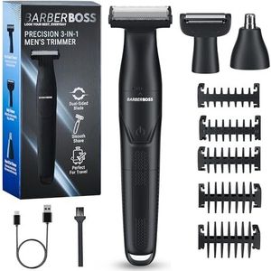 BarberBoss 3-in-1 precisietrimmer, baard- en haarverzorgingsset voor heren, bodytrimmer, neus- en oortrimmer, oplaadbaar, draadloos scheerapparaat met USB-opladen, 3-in-1 scheerapparaat, QR-2301