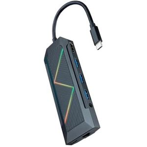 USB-C-hub met meerdere poorten: 3 USB-A, USB-C snel opladen, HDMI-uitgang, RJ45-poort, TF- en SD-kaartsleuven en audio-uitgang. Ideaal voor het uitbreiden van de connectiviteit van C-apparaten