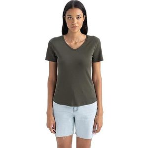 DeFacto Dames T-shirt V-hals - klassiek basic shirt voor dames - comfortabel T-shirt voor vrouwen, khaki (dark khaki), L