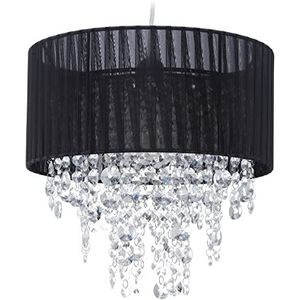 Relaxdays hanglamp met kristallen, lampenkap van organza, opvallende plafondlamp, kroonluchter HxØ: 122 x 32 cm, zwart