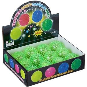 Relaxdays stuiterbal met lichtjes, set van 12, noppen, grabbelton, lichtgevende egelballen kinderen, Ø 6,5 cm, groen