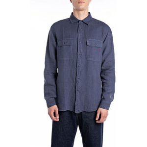 Replay Linnen overhemd voor heren, regular fit, 282 Medium Blauw, L