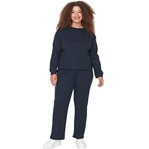 Trendyol Vrouwen Effen Gebreide Blouse-Broek Plus Size Pyjama Set, Donkerblauw, XXL
