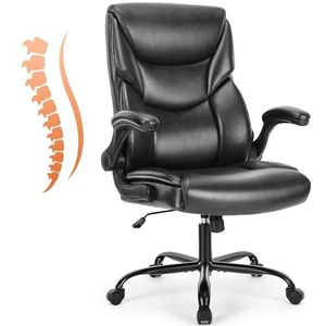 Sweetcrispy Computergamingstoel, ergonomische bureaustoel, heavy duty task bureaustoel met opklapbare armen, PU-leer, verstelbare draaistoel met wielen, zwart