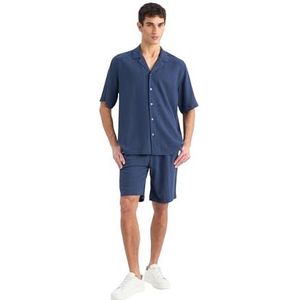 DeFacto Herenoverhemd met korte mouwen en korte mouwen, stijlvol geweven bovendeel, marineblauw, L, Donkerblauw, L