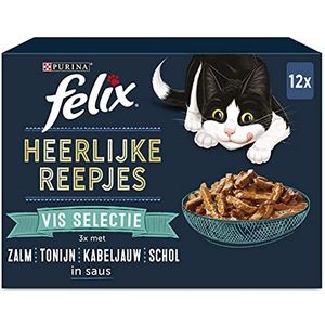 FELIX Heerlijke Reepjes Vis Selectie Kattenvoer, Natvoer met Zalm, Tonijn, Kabeljauw, Schol in Saus; 12 x 80g - doos van 4 (48 portiezakjes; 3,84kg)