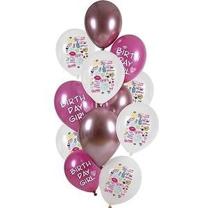 Folat 25138 Ballonnen Set Latex-Birthday Girly 33 cm, 12 stuks, voor verjaardag kinderen en feestdecoratie, roze