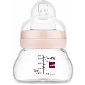 MAM Babyfles van glas, pasgeborenen, 0 maanden, 90 ml, met speen 0, extra langzame siliconen stroom, gemakkelijk te accepteren, gemakkelijk schoon te maken, Feel Good, roze