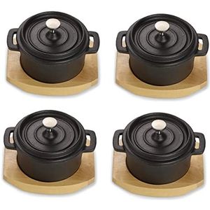 ECHTWERK Kookpannenset van gietijzer, mini-kookpan met serveerplank, kleine braadpan, al ingebrand, geschikt voor oven, grill, BBQ en inductie, ideaal voor serveren, 250 ml, 4-delig