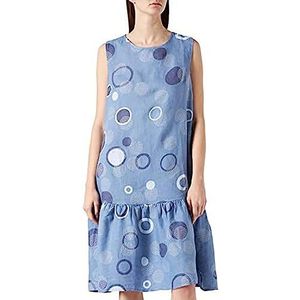 Bonateks, Middellange ronde kraag jurk met print en gekrulde bodem, 100% linnen, De-maat: 38 Amerikaanse maat: M, blauwe jeans - gemaakt in Italië, blauw, 38