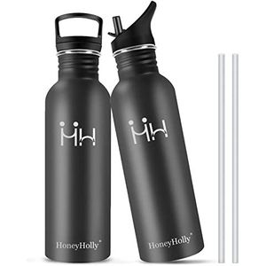 HoneyHolly Waterfles van roestvrij staal, 750 ml, roestvrijstalen drinkfles, rietje, BPA-vrij, milieuvriendelijke drinkfles, lekvrij, voor sport, fitnessstudio, reizen