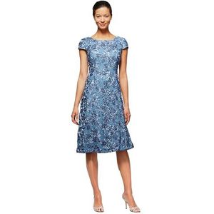 Alex Evenings Women's Tea Length Cap Sleeve Rosette Dress (Petite and Regular), Periwinkle, 6