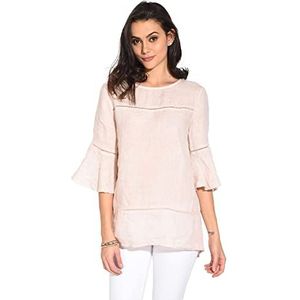 Tuniek voor dames, 100% linnen, gemaakt in Italië, tuniek met ronde hals en kanten inzetstuk met ruches mouwen, satijn, maat: XL, Satijn