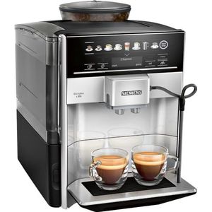 Siemens Volautomatische koffiemachine EQ.6 plus s300 TE653501DE, voor vele koffiespecialiteiten, melkopschuimmondstuk, keramische molen, dubbele kopfunctie, antikalk, automatische stoomreiniging, 1500 W, zilver, grijs