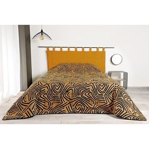 LINDER Gewatteerde sprei met etnisch patroon, geweven en geverfd in Frankrijk, rechthoekig, kleur: geel en zwart, afmetingen: 240 x 260 cm, polyester/katoen en watten van 100% polyester, collectie