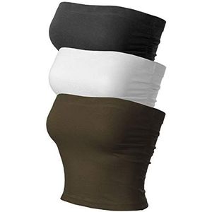 MixMatchy Women's Solid Casual Summer Side Shirring Scrunched Double Layered Tube Top 3PACK - Black/White/Dark Olive S