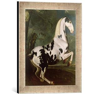 Ingelijste afbeelding van Johann Georg Hamilton ""The Piebald Stallion at the Eisgruber Stud"", kunstdruk in hoogwaardige handgemaakte fotolijsten, 30 x 40 cm, zilver raya