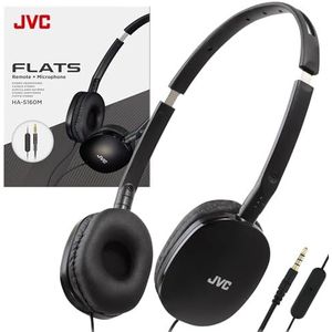 JVC Zwarte platte opvouwbare kleurrijke platte oortelefoon met afstandsbediening en microfoon, 3,94 voet vergulde 3,5 mm slanke stekker - HAS160MB, verstelbaar
