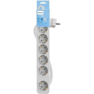 Philips CHP2164G Stekkerdoos met 6 geaarde stopcontacten, stroomvoorziening, 2,160 W, gevlochten stroomkabel, 1,5 m, hoge sterkte, veiligheidssluiting (led-indicator), grijs