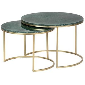 Adda Home Set van 2 tafels, marmer/metaal, groen/goud, 60 x 60 x 41, 50 x 50 x 38 cm, 2 stuks