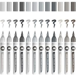 Molotow Aqua Color Brush (Brush Pen Marker Grey-Set, penseelpunt voor aquarellen en handbelettering) 12 stuks gesorteerd