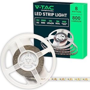 V-TAC Ledstrip voor binnen, SMD 3528, 8 W, 5 meter, zelfklevend, voor thuis, keuken, slaapkamer, binnen, 800 lumen, stroomvoorziening 12 V, koudwit, 6500 K