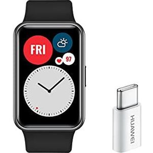 HUAWEI Watch Fit Smartwatch, 1,64 inch AMOLED-display en USB-C-adapter, tot 10 dagen batterijduur, 96 trainingsmodi, ingebouwde GPS, 5 ATM, bloedzuurstofverzadiging, zwart