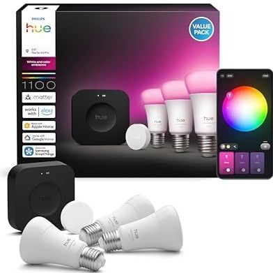 Philips Hue Starterkit: Bridge Pro + Smart button + 3 A60 E27 slimme lampen, White and Color Ambiance, Slimme Licht Hub, Werkt met Apple Home, Amazon Alexa, Google Assistant, Samsung SmartThing