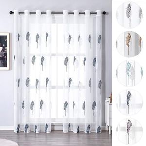 Set van 2 gordijnen, bladeren, borduurwerk, met ogen, voile, bloemengordijnen, afm. 140 x 225 cm, kleur blauw