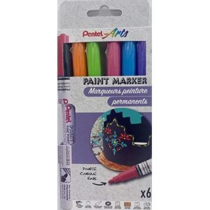 Pentel Arts Paint Marker MSP10, verpakking met 6 permanente markers, fijne punt, zwart/violet/roze/oranje/lichtgroen/hemelsblauw