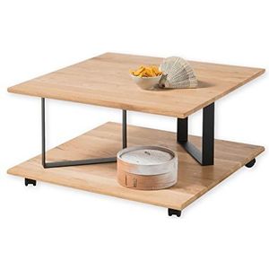 moebel-guenstig24.de Maxim Mini-salontafel, massief hout, eiken op wielen, mobiele salontafel met zwart metalen frame, 80 x 36 x 80 cm
