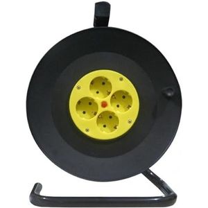Kabelhaspel met 4 stopcontacten van 15 m, 3 g x 1,5 mm van koper, uitgerust met veiligheidsthermostaat. Ideaal voor het aansluiten van meerdere apparaten met een maximaal vermogen van 3250 W.