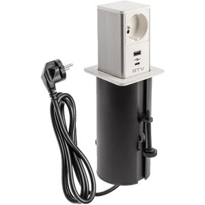 GTV - Meubelstopcontact TOWER, uittrekbaar inbouwstopcontact, 1 x French stopcontact, 1 x USB A, 1 x USB C, kabellengte 1,5 m, kleur wit, voor bureaus, tafelblad, keuken en kantoor
