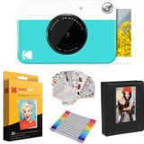 KODAK Printomatic Instant Camera (blauw) geschenkbundel + Zink Papier (20 vellen) + Deluxe Case + 7 leuke stickersets + Twin Tip Markers + fotoalbum + hangende lijsten.