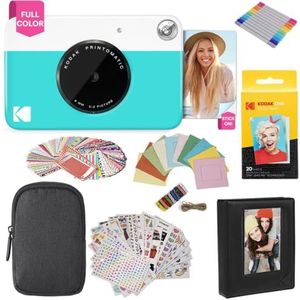 KODAK Printomatic Instant Camera (blauw) geschenkbundel + Zink Papier (20 vellen) + Deluxe Case + 7 leuke stickersets + Twin Tip Markers + fotoalbum + hangende lijsten.