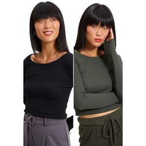 Trendyol - Twoaw22Bz0331 - Aansluitende Blouse - Zwart-Wit - 2-Pack - Geribbelde Stretchgebreide