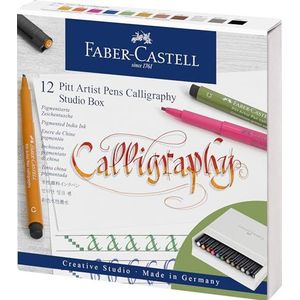 Faber-Castell Pitt Artist Pen Kalligrafie Studio Box, Blauw, Goud, Wit, Groen, Grijs, Roze, Zwart, 12 Count (Pack van 1)