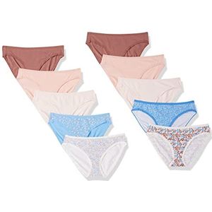 Amazon Essentials Women's Katoenen onderbroek in bikinimodel (verkrijgbaar in grote maten), Pack of 10, Bloemig/Deftig bloemenpatroon/Stippen/Veelkleurig, 48