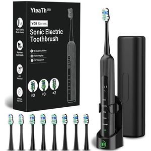Elektrische sonische tandenborstel voor volwassenen en kinderen, 5 reinigingsmodi, 3 intensiteitsniveaus, geïntegreerde timer, 8 koppen inbegrepen, reisetui, zwart