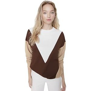 Trendyol Dames Crew Neck Colorblock getailleerd sweatshirt, bruin, XL, BRON, XL
