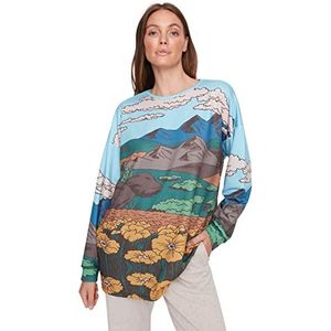 Trendyol Dames ronde hals landschapsprint Regular sweatshirt, multi-Color, M, Meerkleurig, M