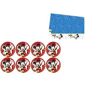 ALMACENESADAN, 4887 Disney Mickey Mouse bestaande uit tafelkleed 120 x 180 cm en 8 papieren borden van 23 cm, ideaal voor feestjes en verjaardagen (8435510348878)