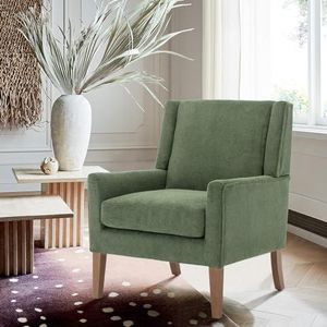 COLAMY Moderne fauteuil voor de woonkamer, gestoffeerde stoffen accentstoel, enkele stoel met loungestoel en houten poten voor slaapkamer/kantoor/leeshoeken (groen)